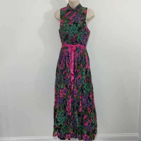 Vintage 60s Jumpsuit Dark Floral Wide Leg Cocktail Evening Size S/Xs Sleeveless